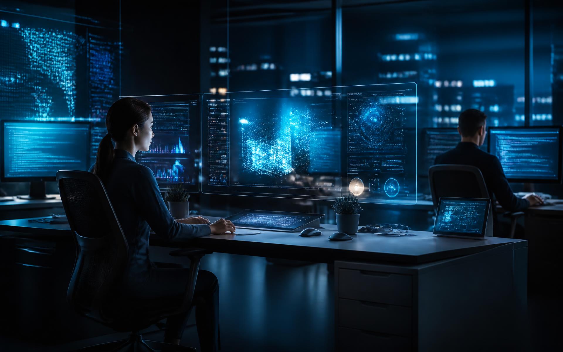 Digital innovation workspace with glowing dashboards and code